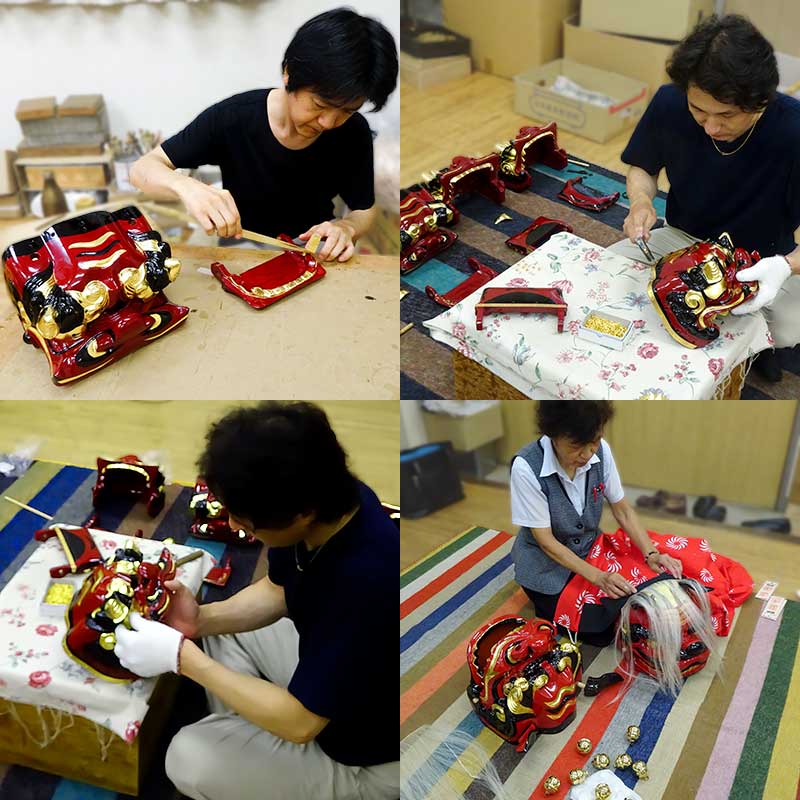 修復された獅子頭が再び仕組まれます。